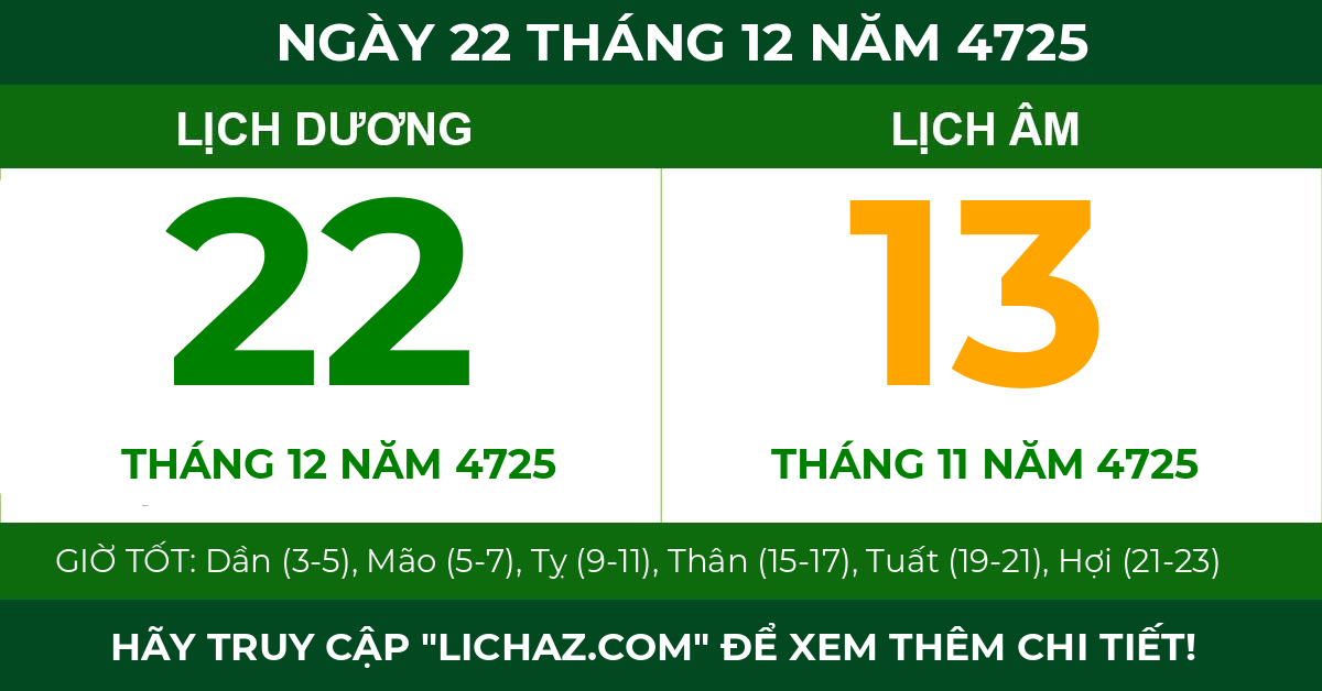 lịch âm ngày 22 tháng 12 năm 4725