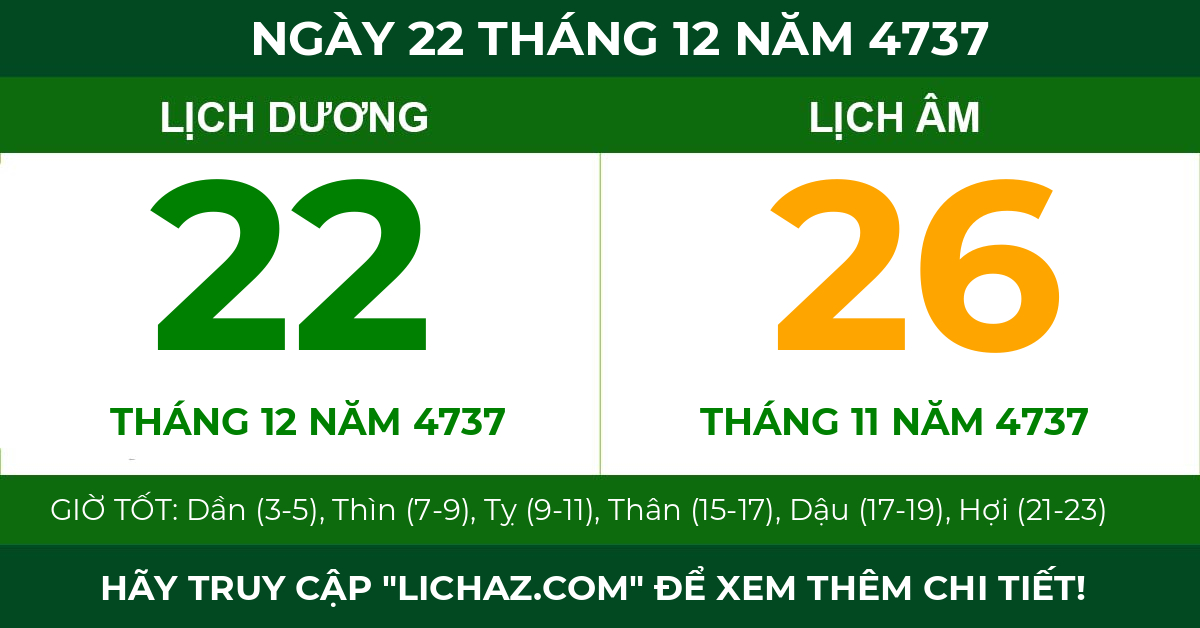 lịch âm ngày 22 tháng 12 năm 4737