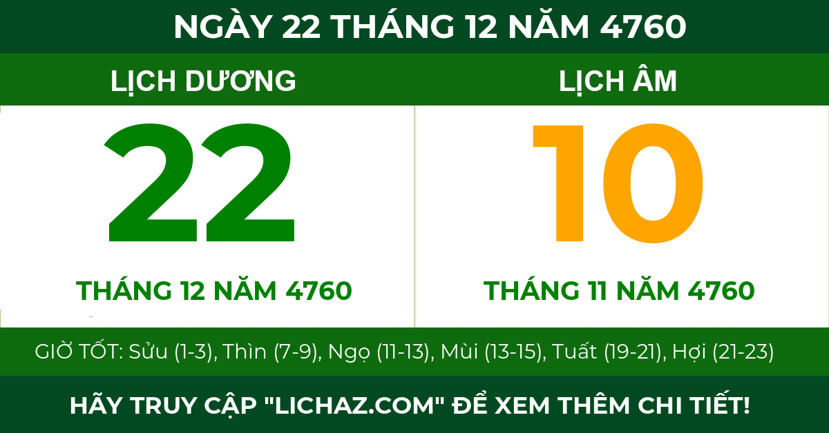 lịch âm ngày 22 tháng 12 năm 4760