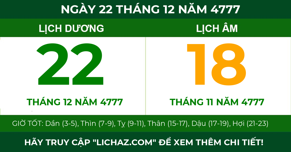 lịch âm ngày 22 tháng 12 năm 4777