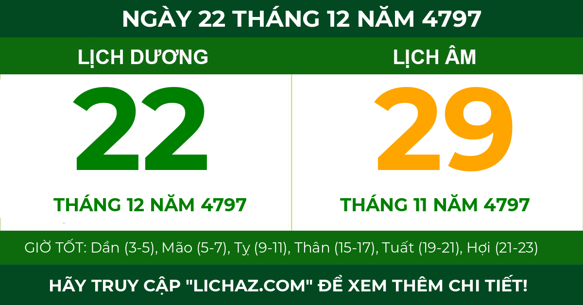 lịch âm ngày 22 tháng 12 năm 4797