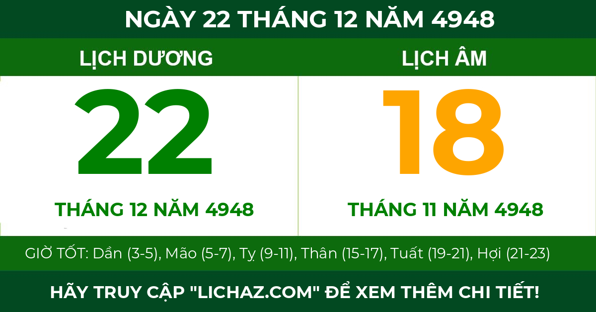 lịch âm ngày 22 tháng 12 năm 4948