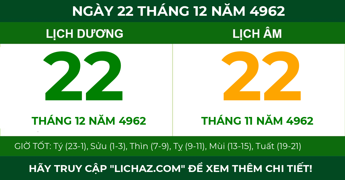 lịch âm ngày 22 tháng 12 năm 4962