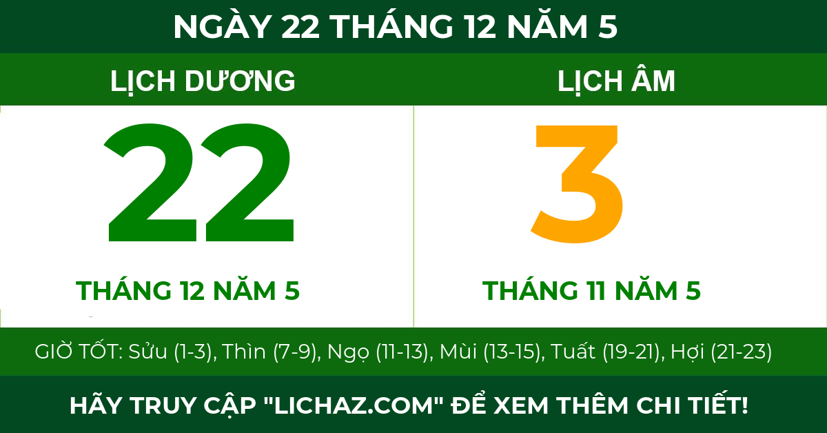 lịch âm ngày 22 tháng 12 năm 5
