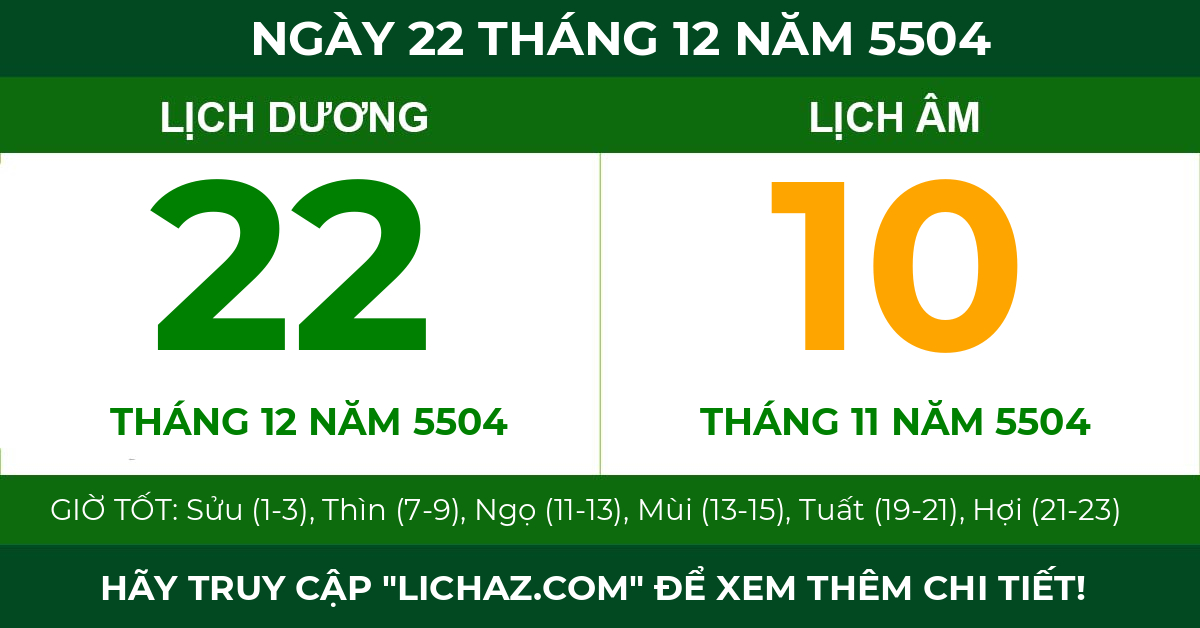 lịch âm ngày 22 tháng 12 năm 5504