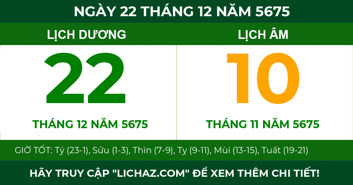 lịch âm ngày 22 tháng 12 năm 5675