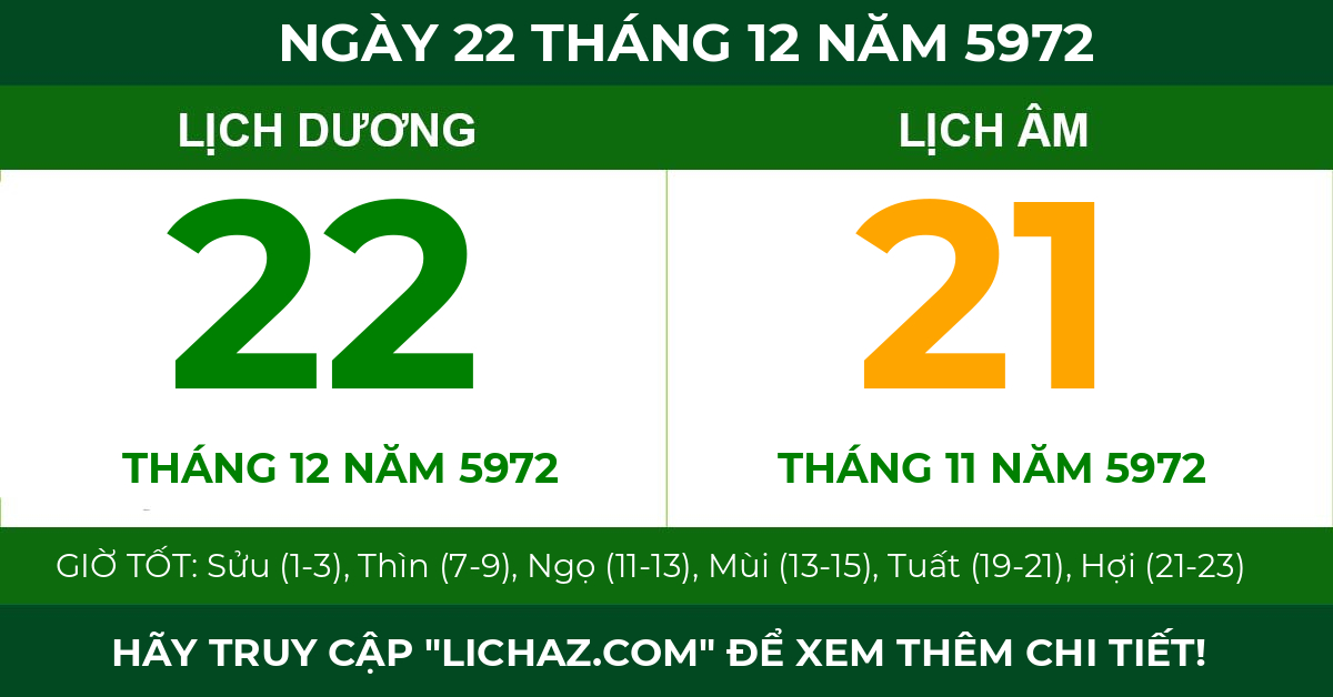 lịch âm ngày 22 tháng 12 năm 5972