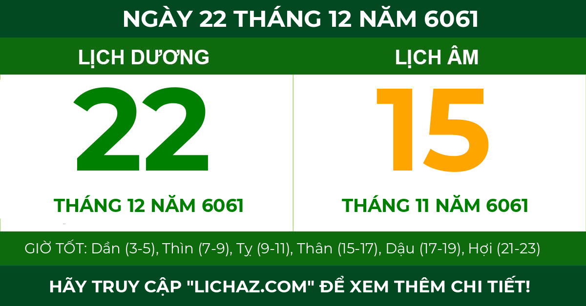 lịch âm ngày 22 tháng 12 năm 6061