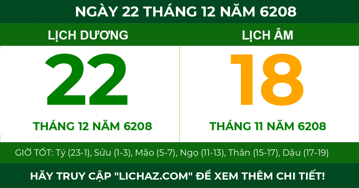 lịch âm ngày 22 tháng 12 năm 6208