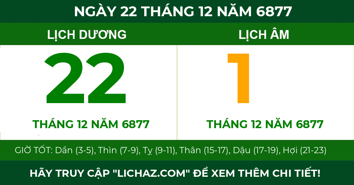 lịch âm ngày 22 tháng 12 năm 6877