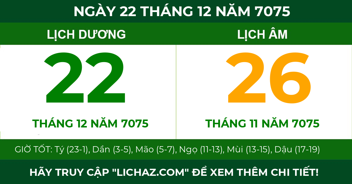 lịch âm ngày 22 tháng 12 năm 7075