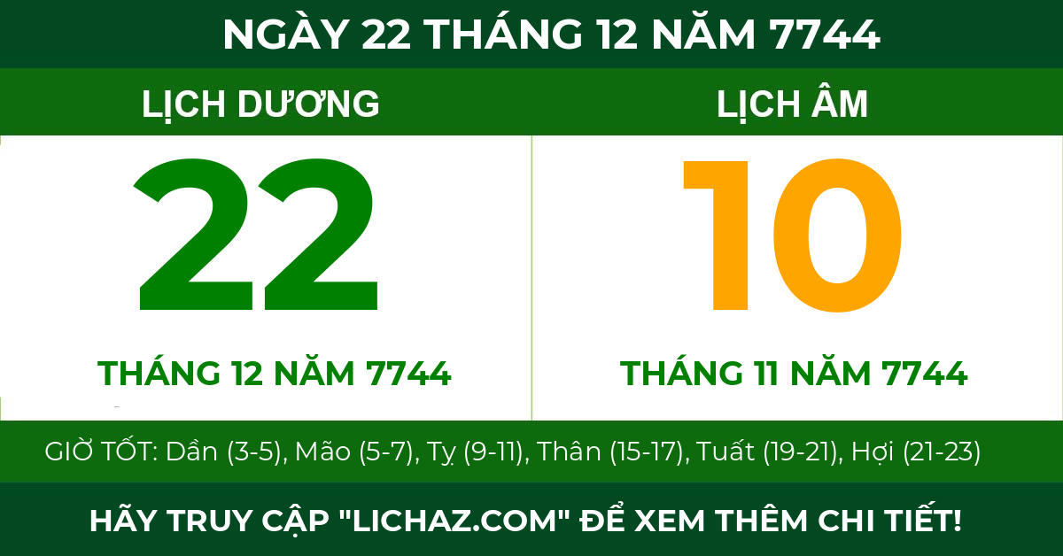 lịch âm ngày 22 tháng 12 năm 7744