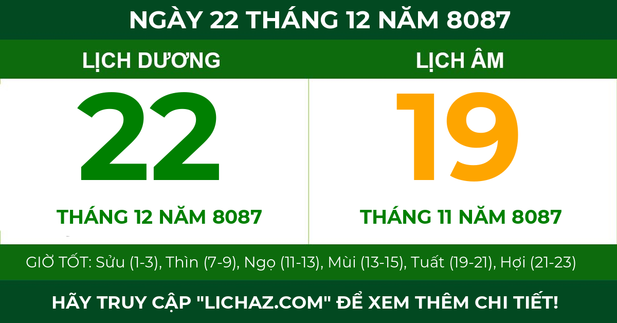 lịch âm ngày 22 tháng 12 năm 8087