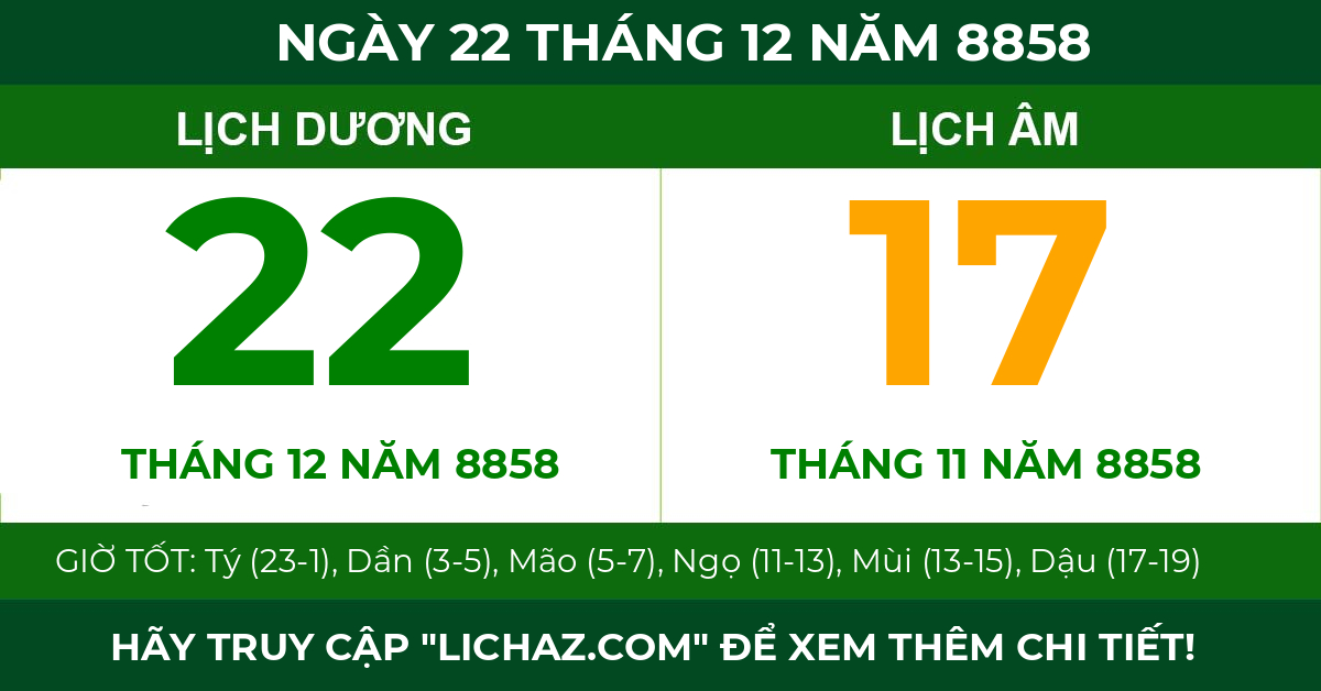 lịch âm ngày 22 tháng 12 năm 8858