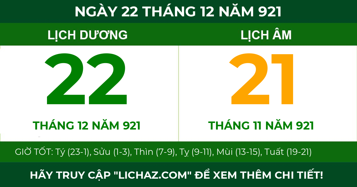 lịch âm ngày 22 tháng 12 năm 921