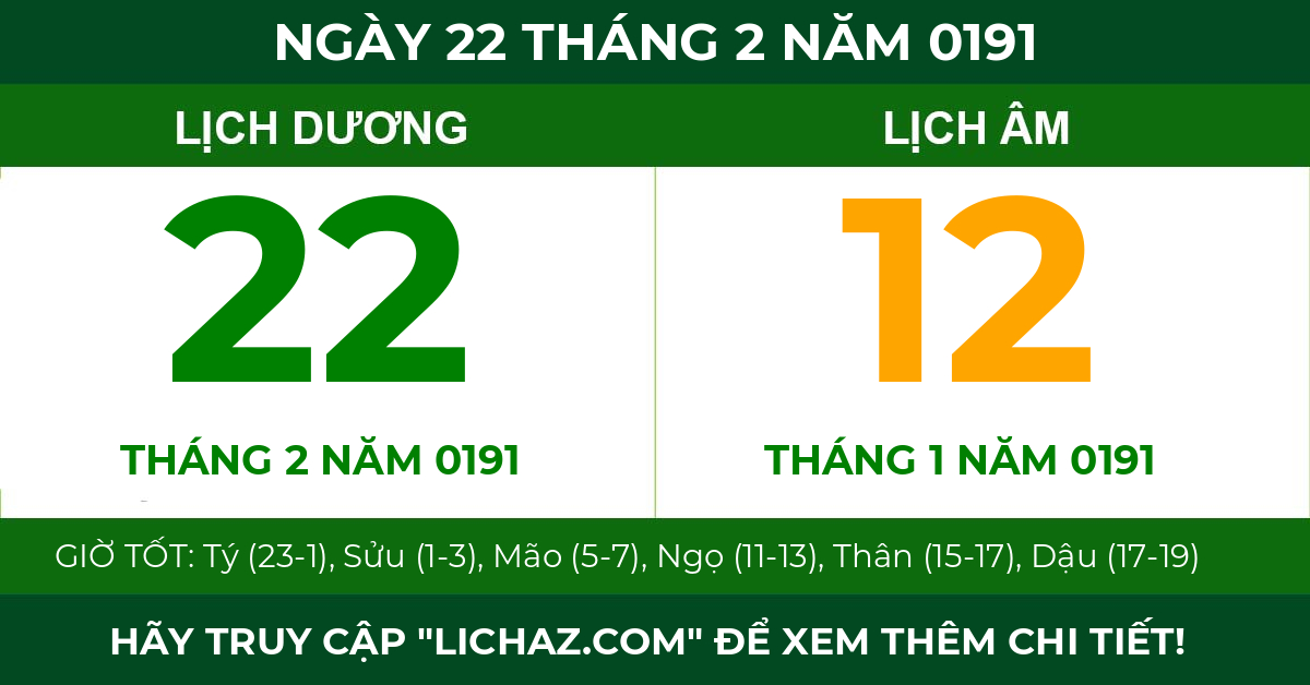 lịch âm ngày 22 tháng 2 năm 0191