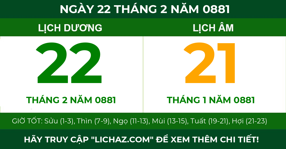 lịch âm ngày 22 tháng 2 năm 0881