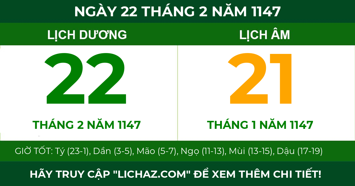 lịch âm ngày 22 tháng 2 năm 1147