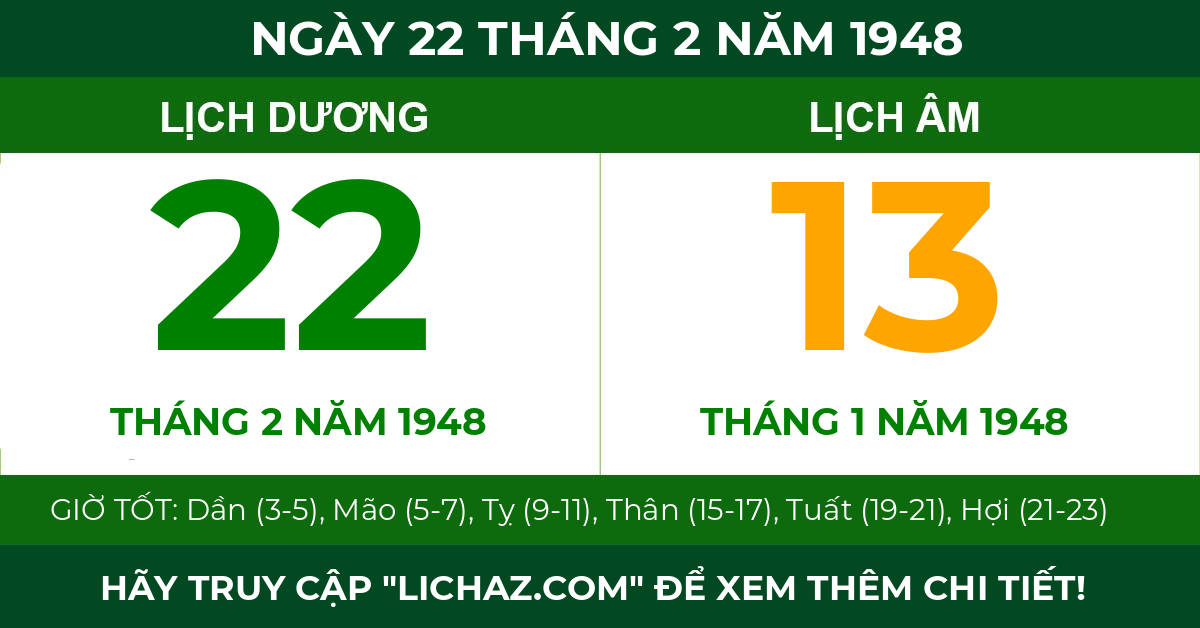 lịch âm ngày 22 tháng 2 năm 1948