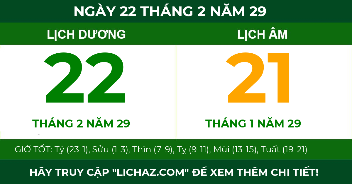 lịch âm ngày 22 tháng 2 năm 29