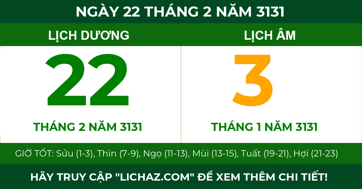 lịch âm ngày 22 tháng 2 năm 3131