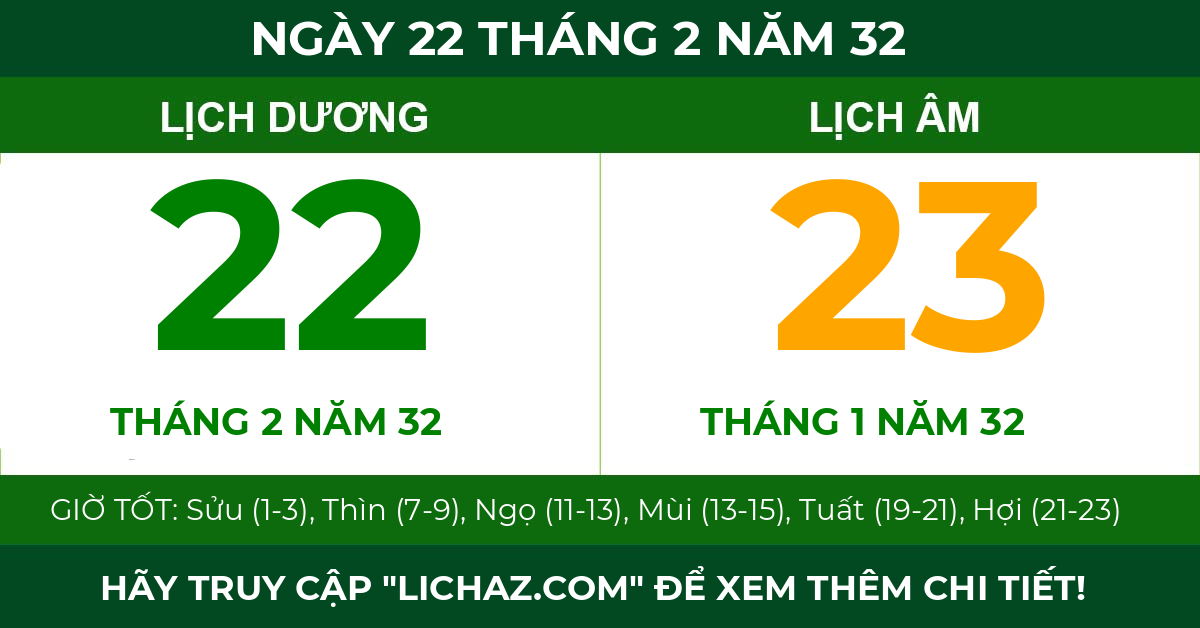 lịch âm ngày 22 tháng 2 năm 32