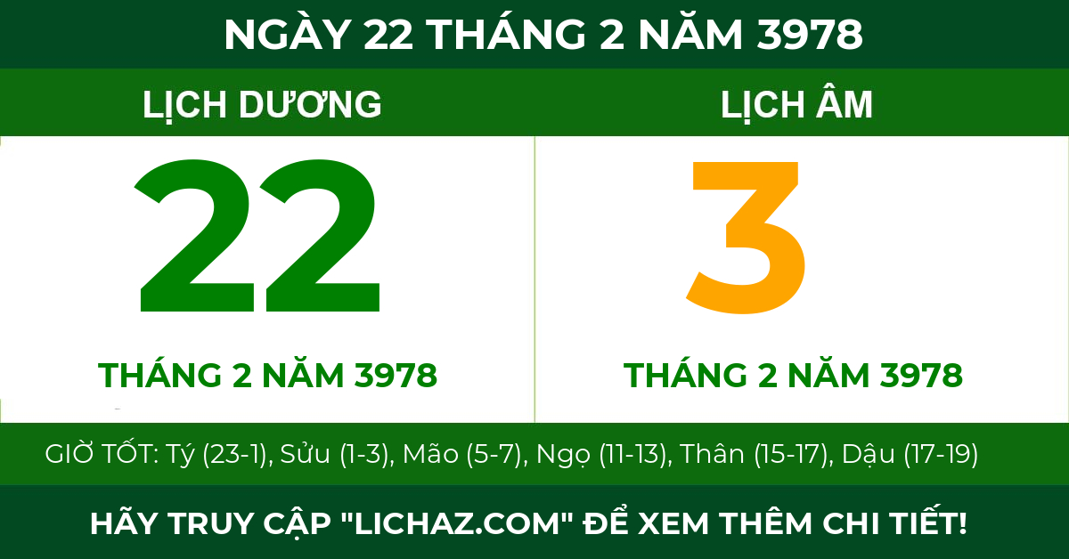 lịch âm ngày 22 tháng 2 năm 3978