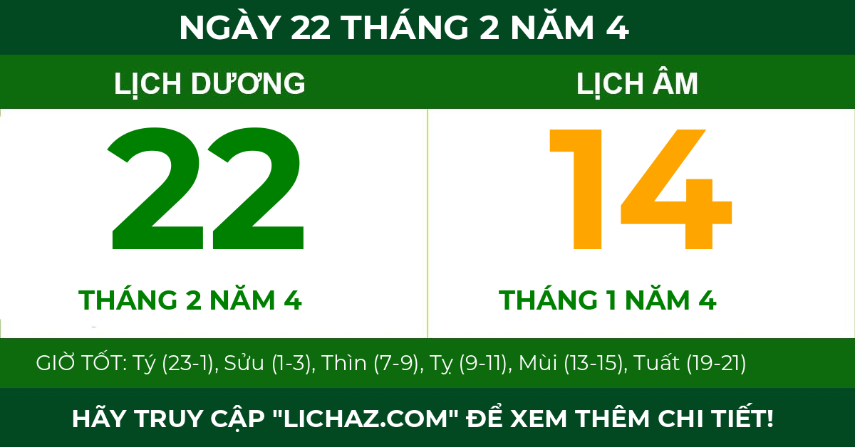 lịch âm ngày 22 tháng 2 năm 4