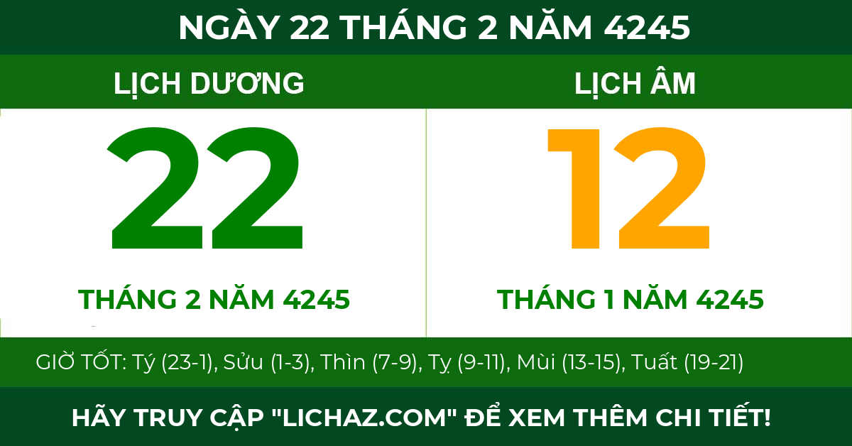 lịch âm ngày 22 tháng 2 năm 4245