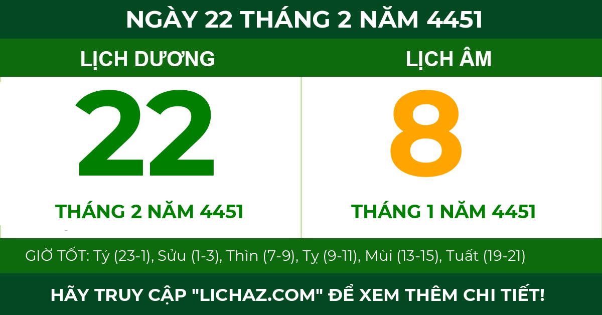 lịch âm ngày 22 tháng 2 năm 4451