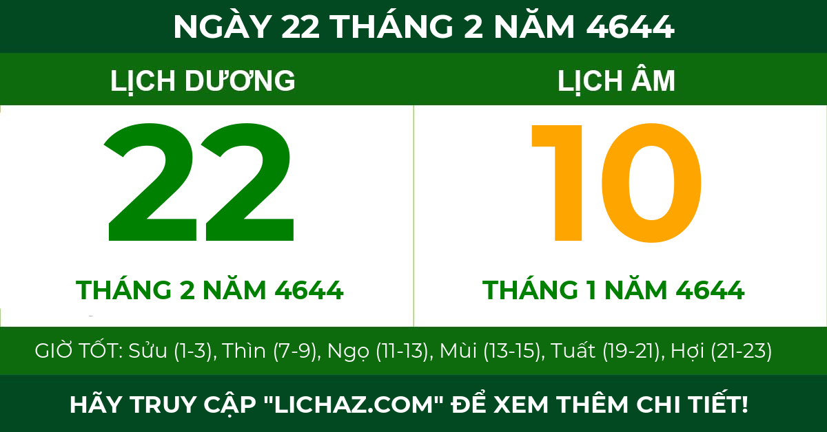 lịch âm ngày 22 tháng 2 năm 4644