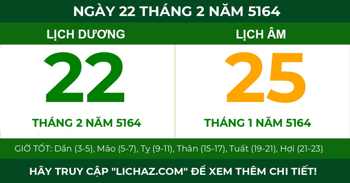 lịch âm ngày 22 tháng 2 năm 5164