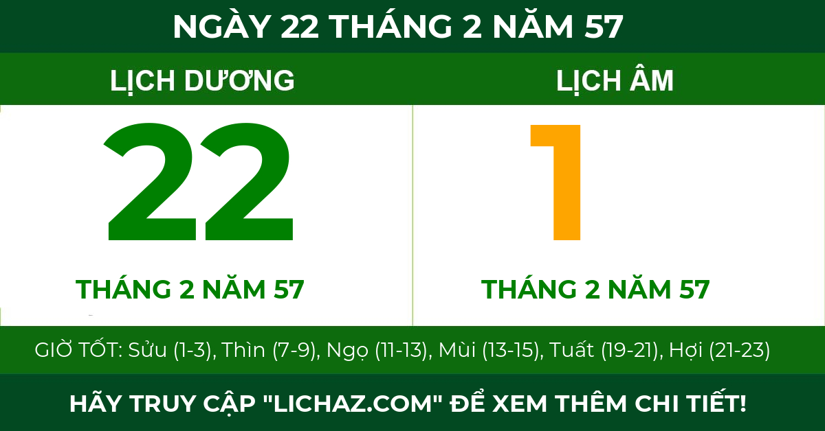 lịch âm ngày 22 tháng 2 năm 57