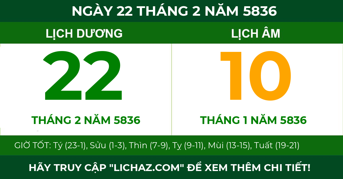 lịch âm ngày 22 tháng 2 năm 5836