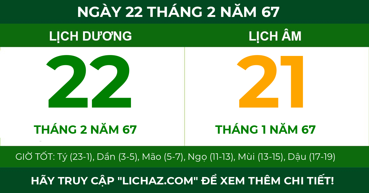 lịch âm ngày 22 tháng 2 năm 67