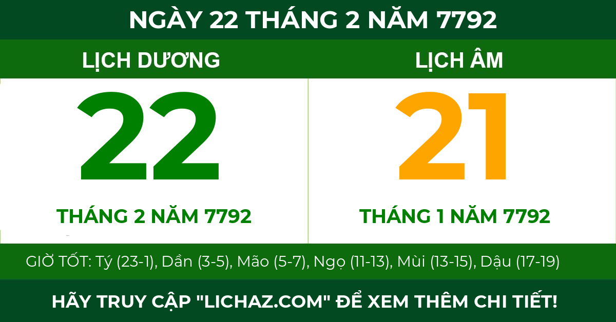 lịch âm ngày 22 tháng 2 năm 7792