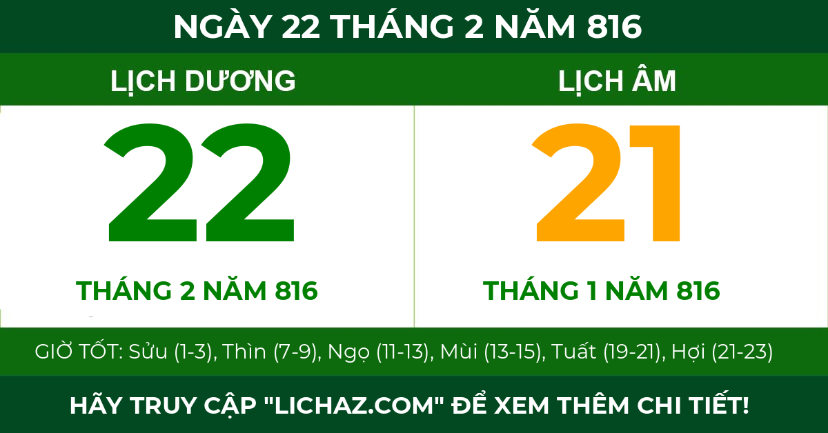 lịch âm ngày 22 tháng 2 năm 816