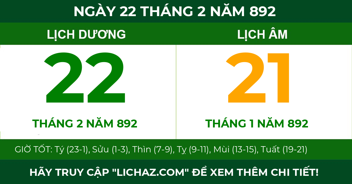 lịch âm ngày 22 tháng 2 năm 892