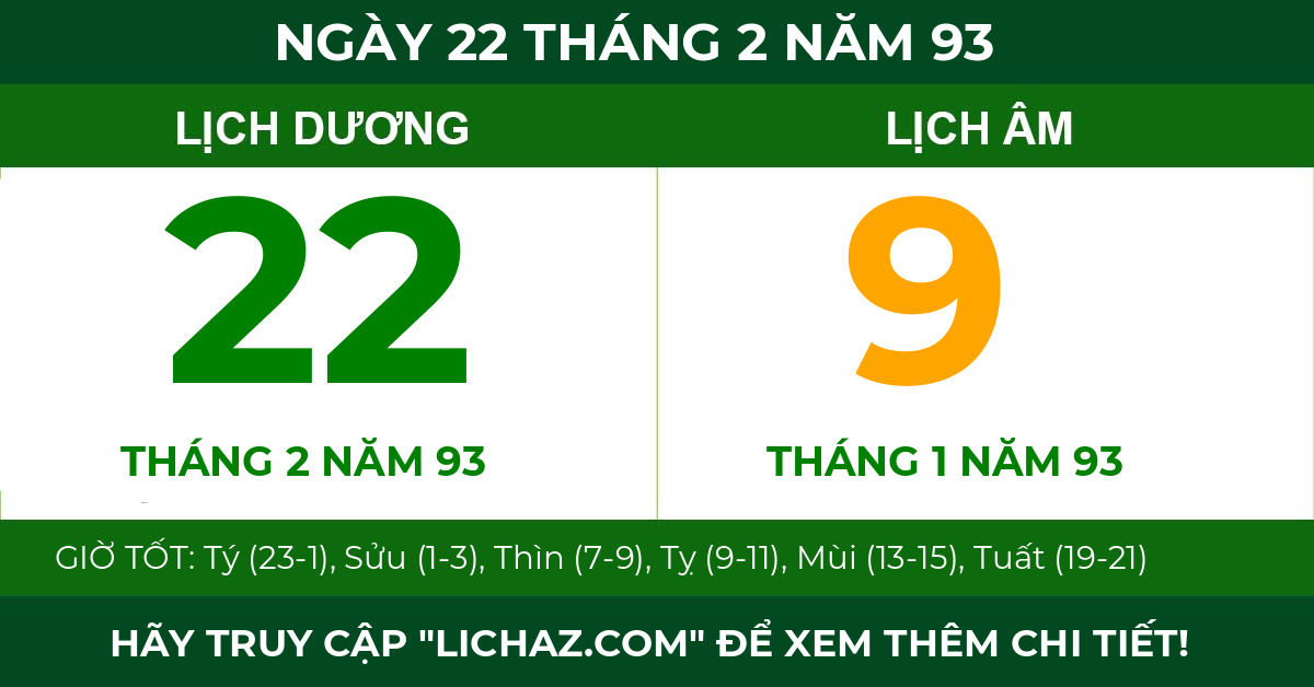 lịch âm ngày 22 tháng 2 năm 93