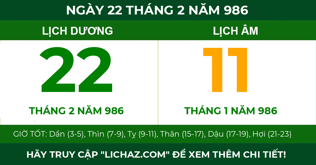 lịch âm ngày 22 tháng 2 năm 986
