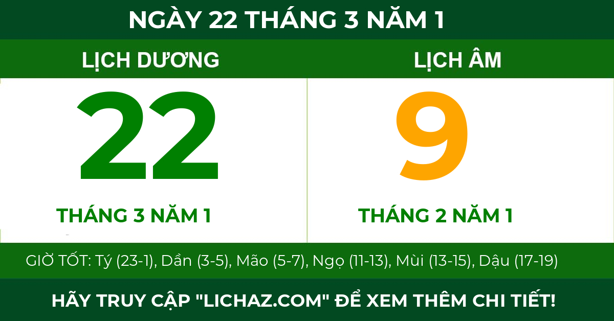 lịch âm ngày 22 tháng 3 năm 1
