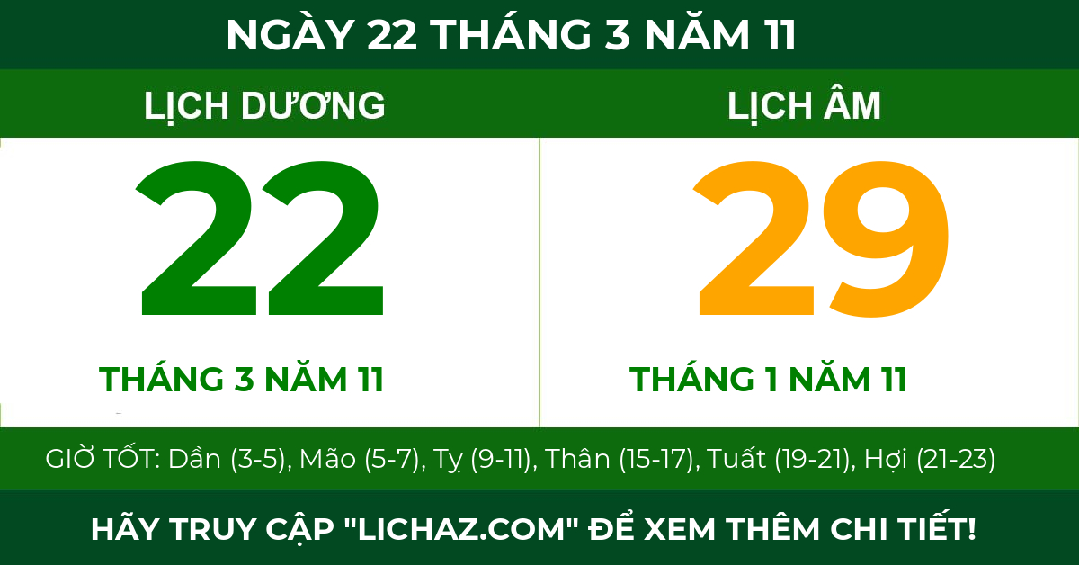 lịch âm ngày 22 tháng 3 năm 11