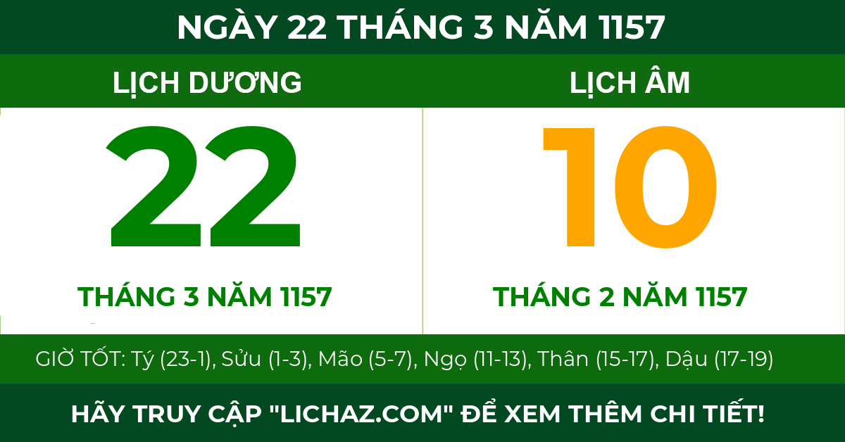 lịch âm ngày 22 tháng 3 năm 1157
