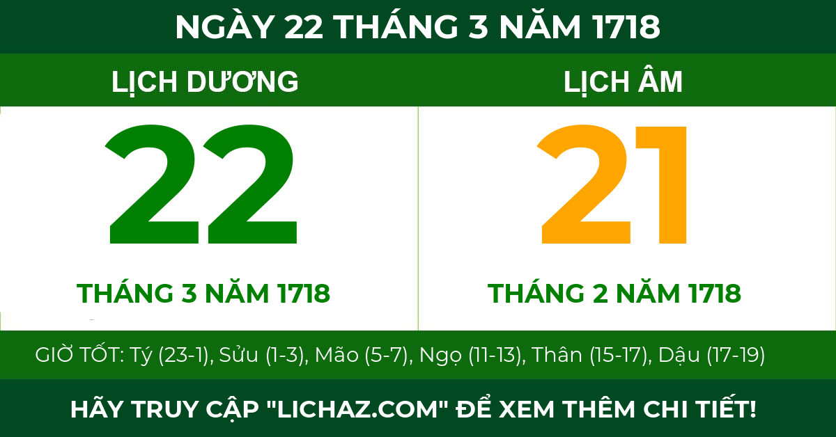 lịch âm ngày 22 tháng 3 năm 1718