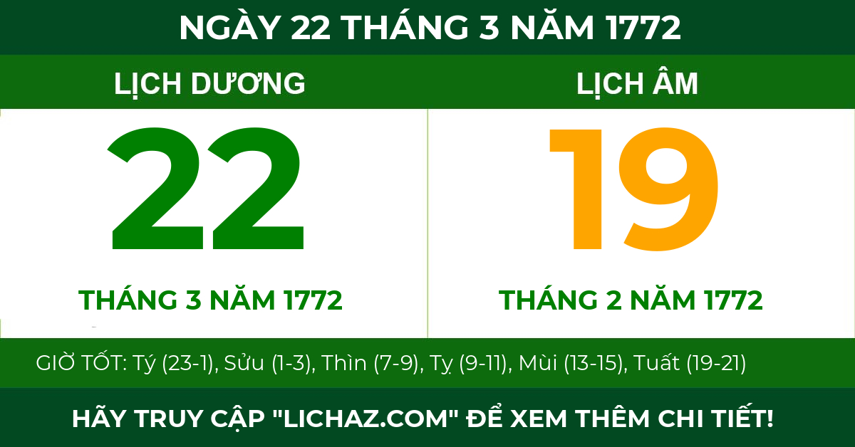 lịch âm ngày 22 tháng 3 năm 1772