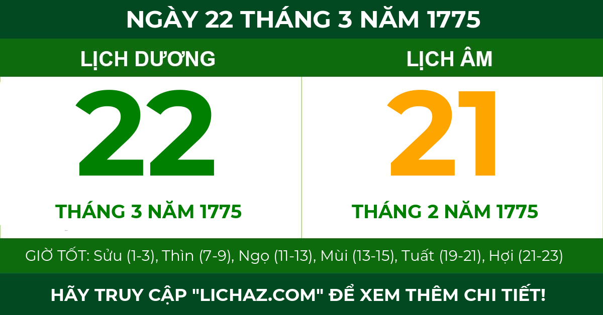 lịch âm ngày 22 tháng 3 năm 1775