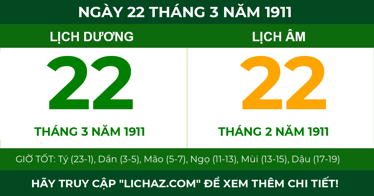 lịch âm ngày 22 tháng 3 năm 1911