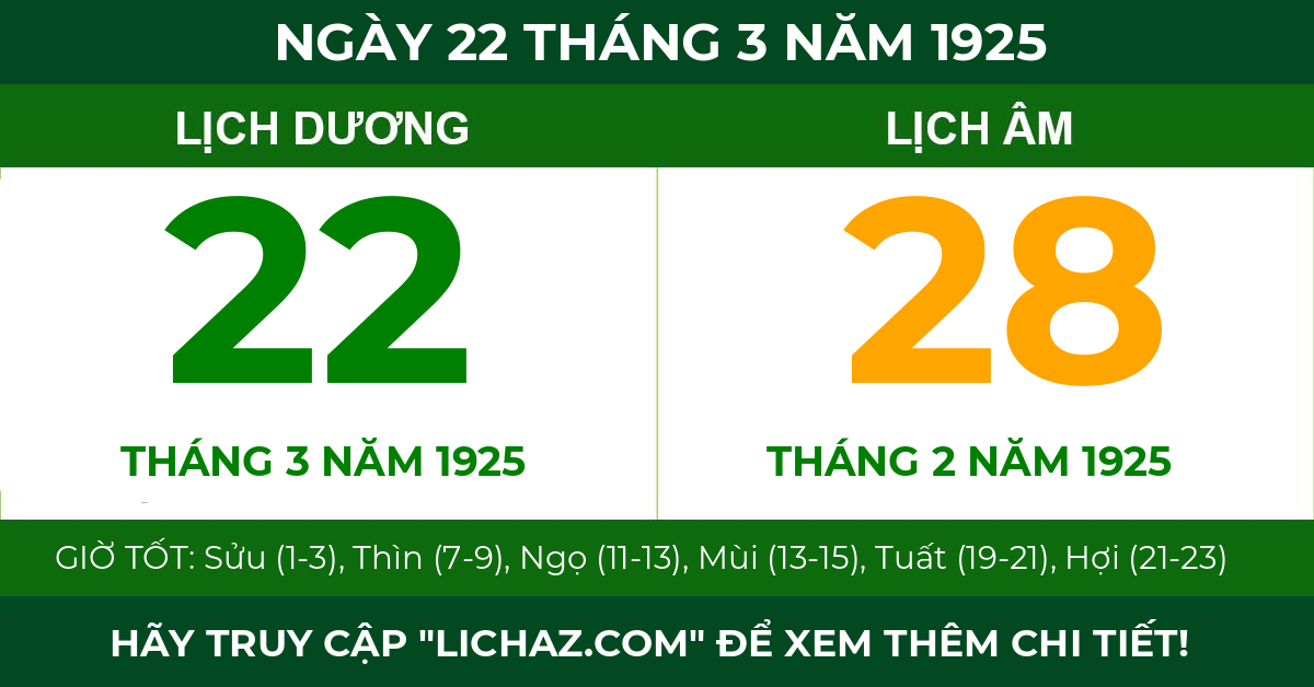lịch âm ngày 22 tháng 3 năm 1925