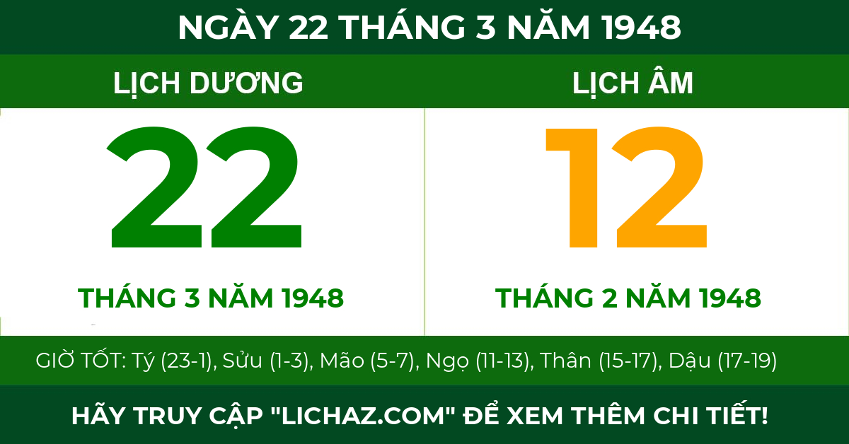 lịch âm ngày 22 tháng 3 năm 1948