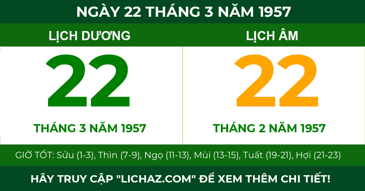 lịch âm ngày 22 tháng 3 năm 1957